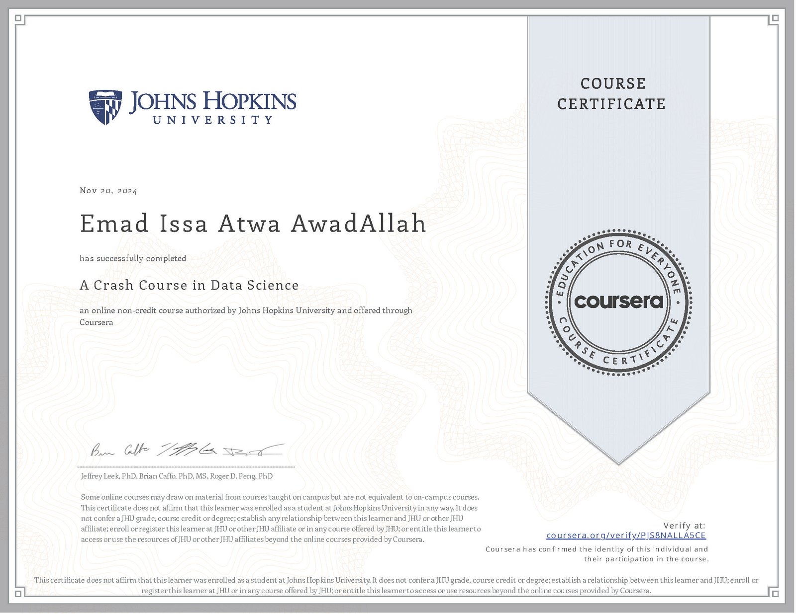 A Crash Course in Data Science Certificate